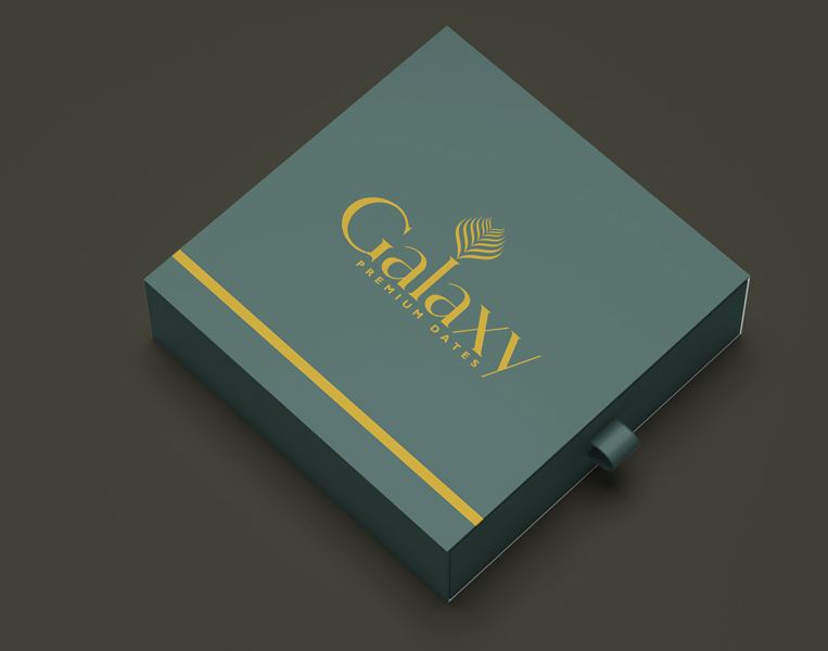 DesignDeus designed a refined brand identity for Galaxy Premium Dates, including logo and premium product packaging.